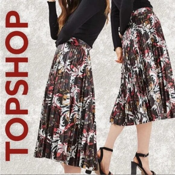 TOPSHOP Skirt Sz 6 Ramble Pleated Faux Leather Floral Midi - Picture 1 of 11
